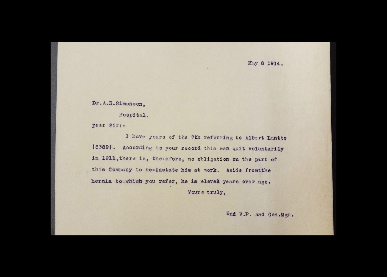 2nd V.P. and Gen.Mgr. To A. B. Simonson, May 8, 1914, Calumet and Hecla Mining Companies Collection, MS-002, box 47, folder 520, Michigan Tech Archives & Copper Country Historical Collections, Houghton, MI.
