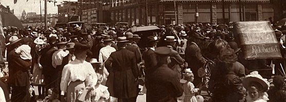 Historic photo: People fill the streets of Red Jacket (Calumet) during the 1909 July 4th celebration. Adolf LaMuth Collection. Photo courtesy Jim LaMuth