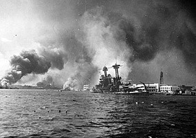 Historic photo: The USS California sinking at Pearl Harbor, December 7, 1941.