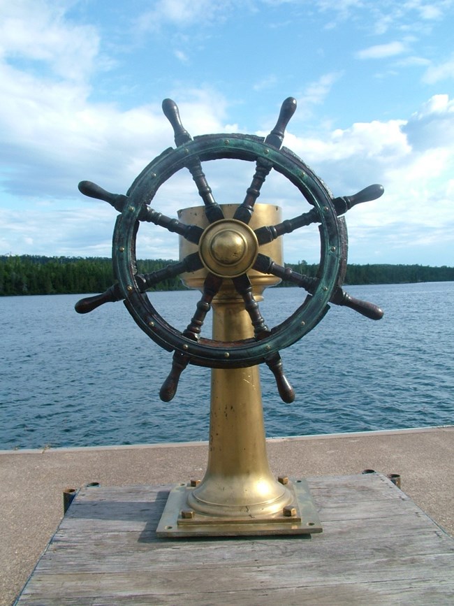 The helm from the shipwreck Algoma is shown here on the dock at Mott Island shortly after it was returned to Isle Royale National Park in 2011.