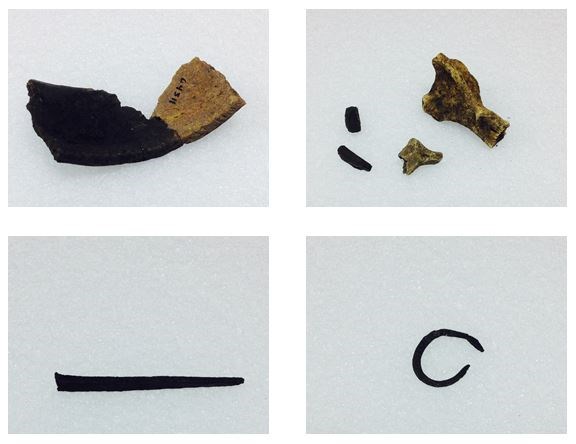 Archaeological artifacts from the baseline survey of Isle Royale NP are shown above.  Clockwise from top left are fitted rim sherds, assorted bone fragments, a copper ring, and a copper awl, scientifically collected between 1960 and 1963.