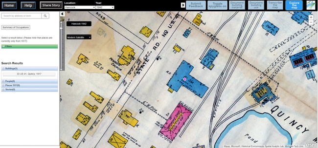 Screenshot from the Keweenaw Time Traveler website which shows a colored Sanborn fire insurance map