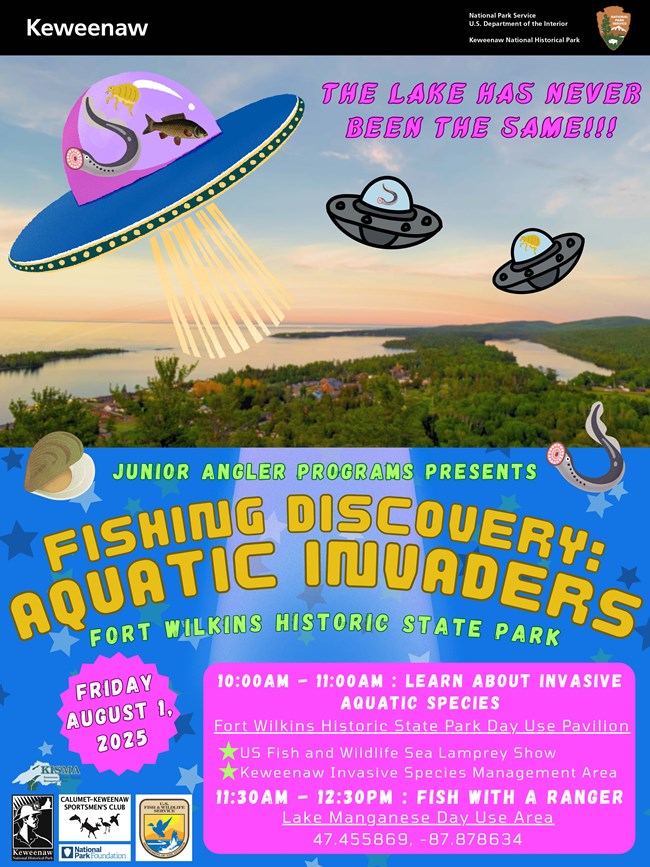 A blue and purple flying saucer filled with aquatic invasives hovers over a lake harbor town surrounded by green forests. Pink and light blue sunset skies above.