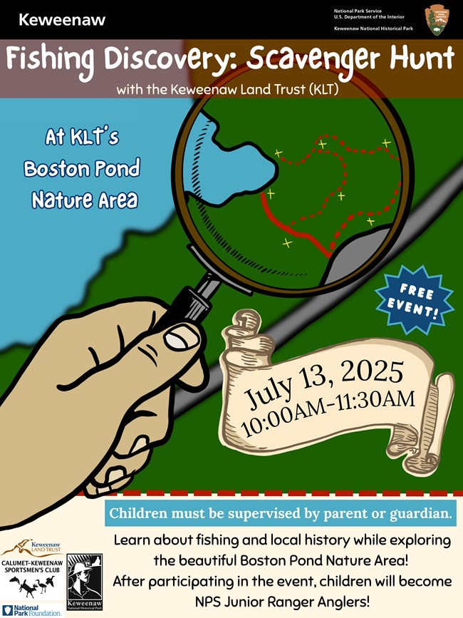 A cartoon hand holding a magnifying glass over a green map. X marking spots. A scroll indicates time.