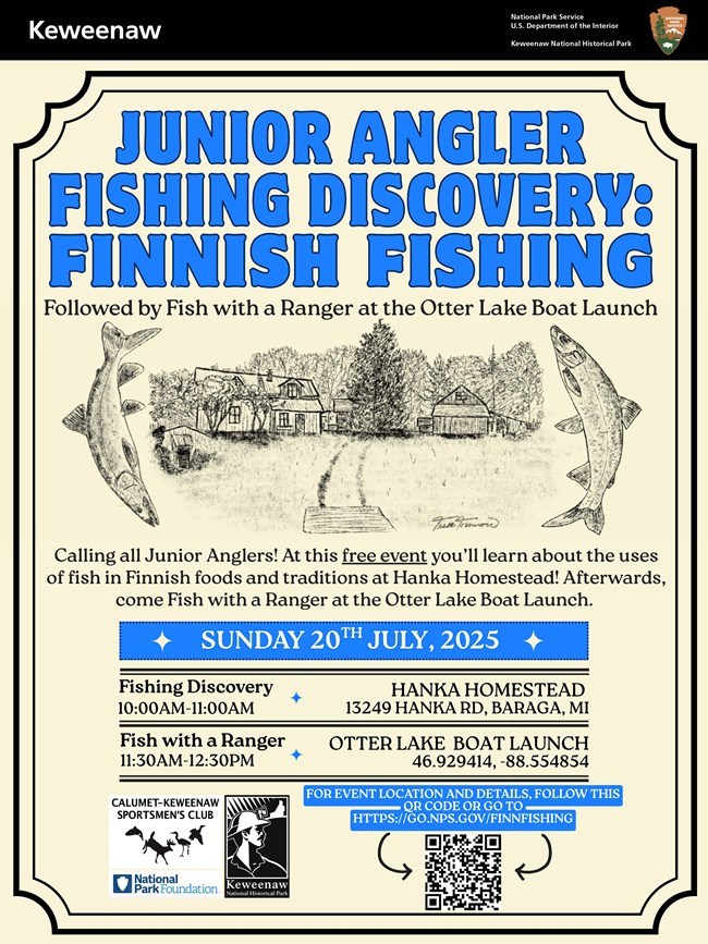 Poster with blue bold title and black text over a pale yellow background. A sketch of a farm in the middle.