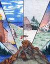 The cover of the Explorer Book. A volcano in the foreground with a lighthouse, a lake scene,  a cabin in winter and the Quincy #2 shafthouse in the background.