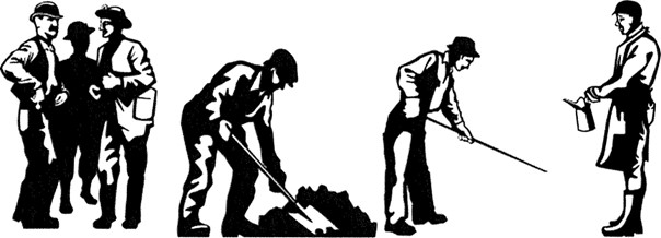 silhouettes of four statues by artist Kasey Koski that show the work of people working for the mining company including miners, a person shoveling coal, a person taping a brick from the copper furnace, and a man with an oil can.