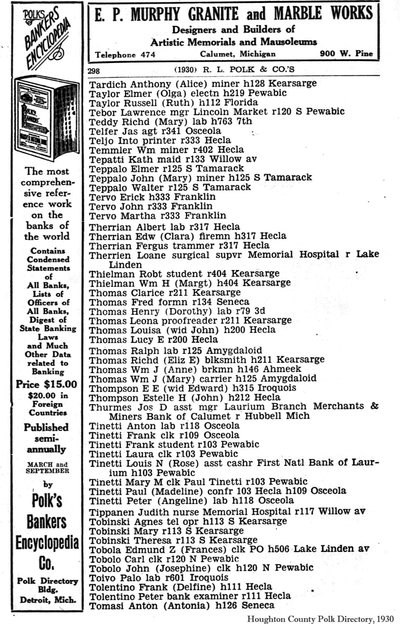 An excerpt from the 1930 Houghton County Polk Directory showing members of the Tinetti family living in Laurium.