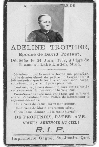 Death announcement for Adeline Trottier written in french.