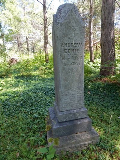 A tall, tiered grave marker sits in the forest.