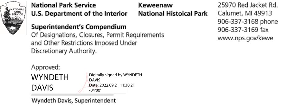 Superintendent's Compendium Header with digital signature. Black text on white background. Includes park address, NPS arrowhead and digital signature from KEWE superintendent Wyndeth Davis