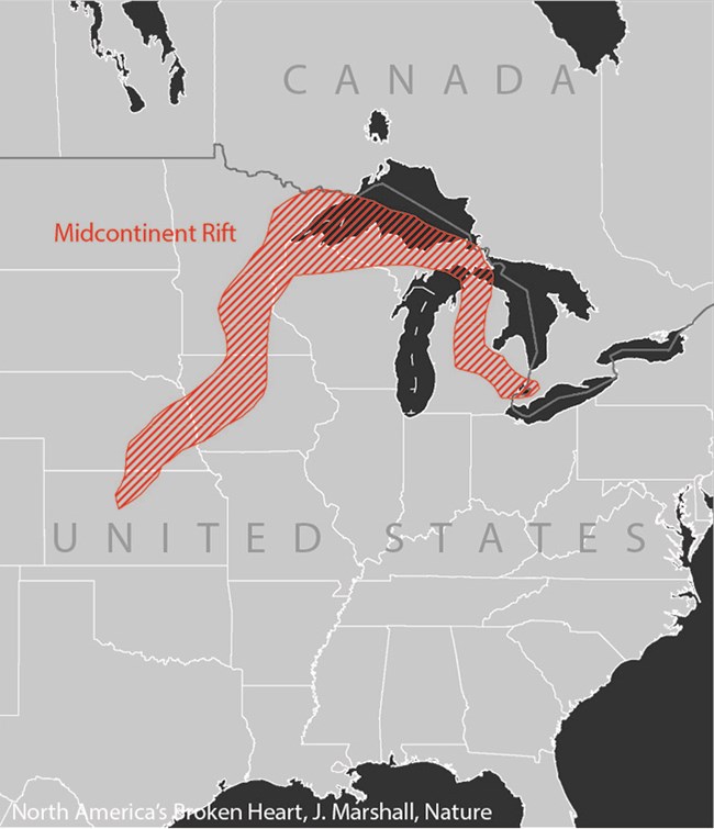 A map showing where the midcontinent rift ran from what is now Kansas, up into Lake Superior and then back down into Lower Michigan.