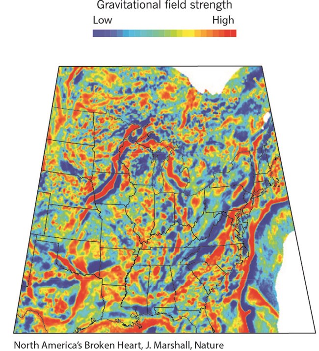 A map of the midcontinent rift with color variants from dark blue to red showing the gravitational field strength from low to high respectively.