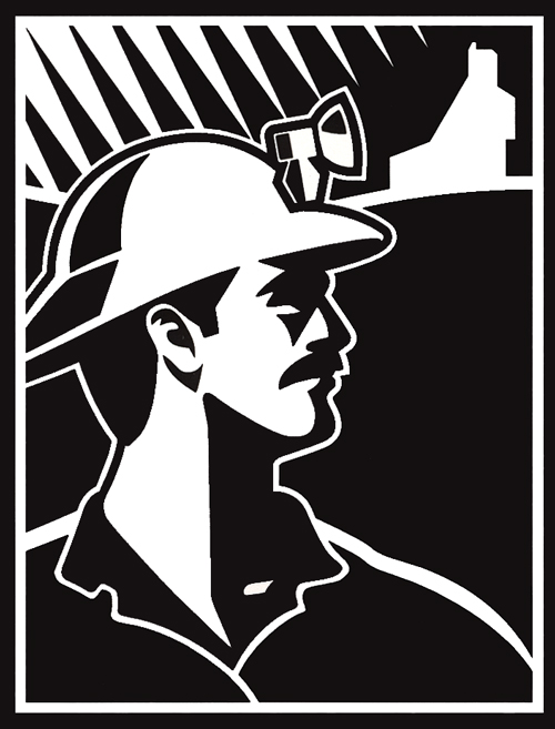 KEWE-Miner KEWE NHP black and white miner logo. A miner looks right with a shafthouse and the northern lights in the background