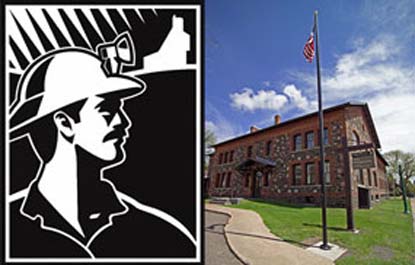 Logo for the Keweenaw Heritage Sites program beside photo of park headquarters