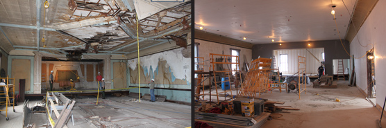 Photos of Union Building third floor before rehabilitation work began in May and current as of October 2010