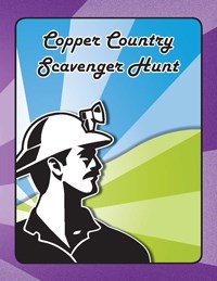 Scavenger Hunt Book Cover with a miner with hardhat and lamp on a green and blue background and purple outer edge