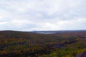 Looking out from Brockway Mountain at an overcast sky, fall colored foliage, and an inland lake.