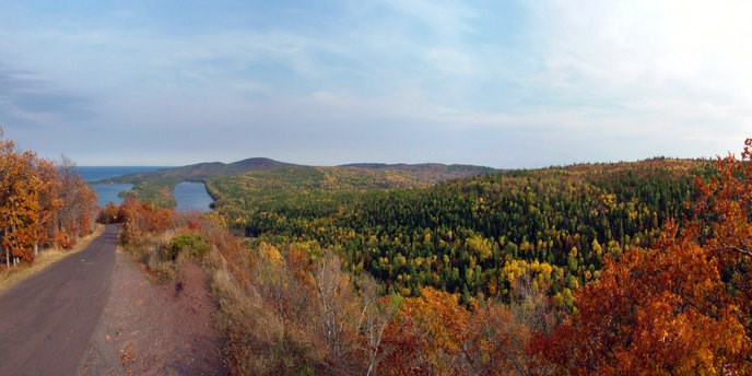 Fall panorama of trees and Lake Superior from Brockway Mountain Drive