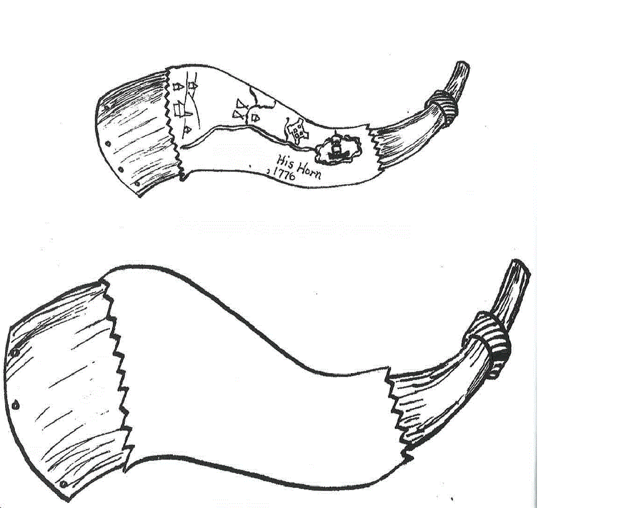 Two powder horns are shown, one with writing and drawing on it, and one that is blank.