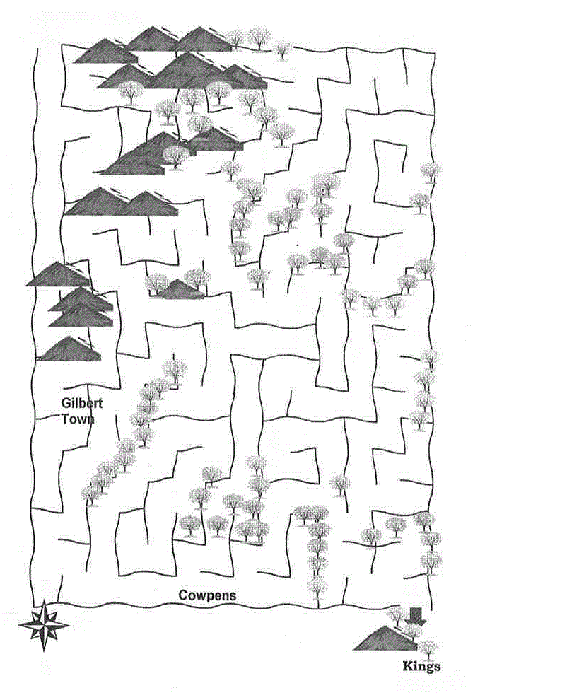 A childrens maze is shown with several towns. Starting at Sycamore Shoals and ending at Kings Mountain.