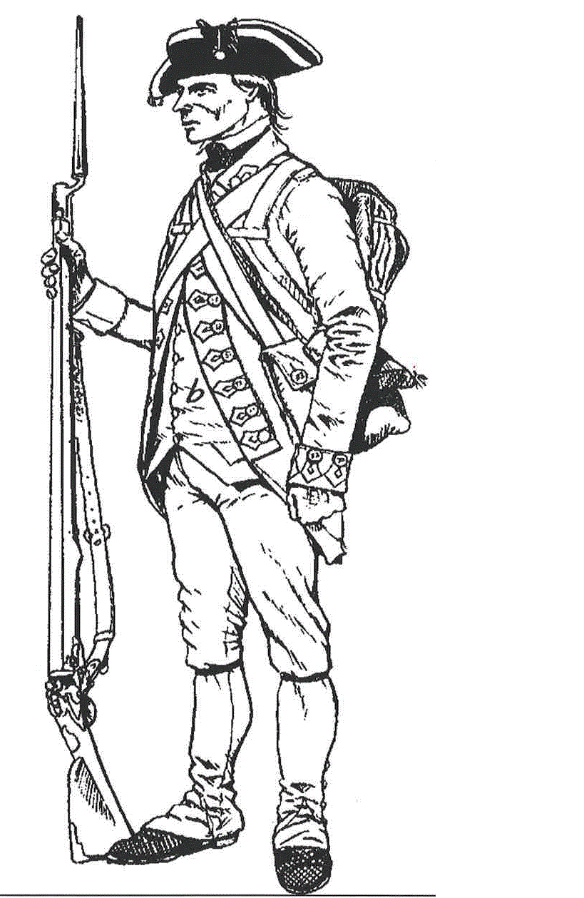 A drawing of an 18th century solider with a musket