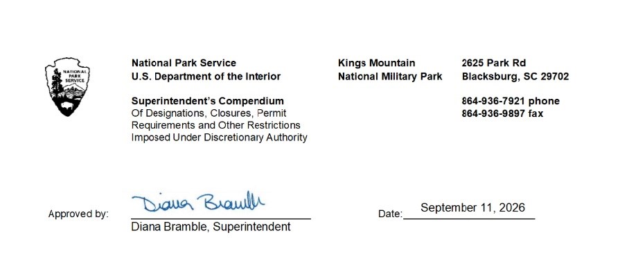 Superintendent's Signature for Kings Mountain NMP
