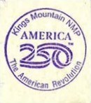 A circular stamp with the America 250 ribbon logo and Kings Mountain NMP and The American Revolution on it.