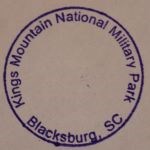 A circular stamp with Kings Mountain National Military Park and Blacksburg SC on it.