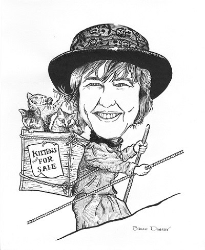Characterized drawing of a woman with a basket of kittens on her back. Sign on the basket reads "Kittens not for sale." Characterized drawing of a woman with a basket of kittens on her back. Sign on the basket reads "Kittens not for sale."