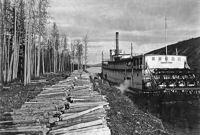 Large steamboat pulled up beside a riverbank with piles of cut logs.