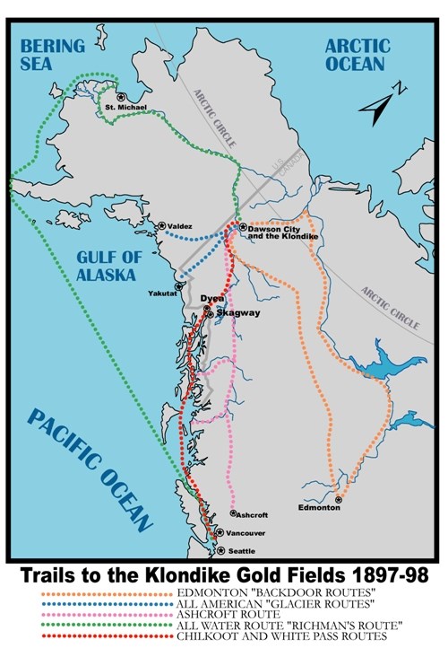 Color map of routes to Dawson City from Seattle, Washington and Vancouver, British Columbia