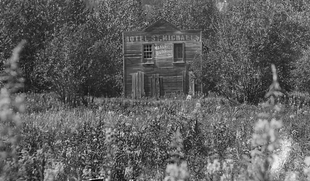 Boarded up "Hotel St. Michael's" in flower field
