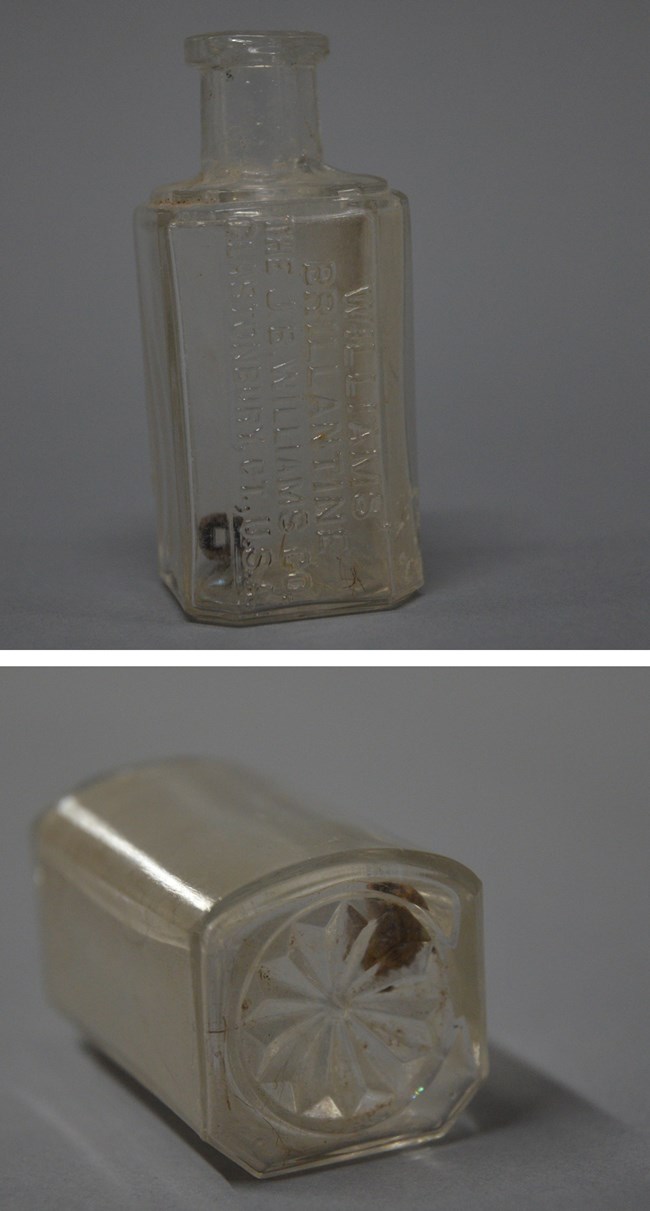 Close up views of glass bottle.  Top: standing up. Bottom: view from end