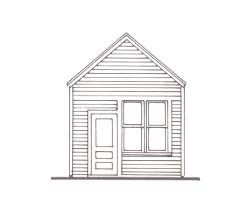 Line drawing of the front of a small building.