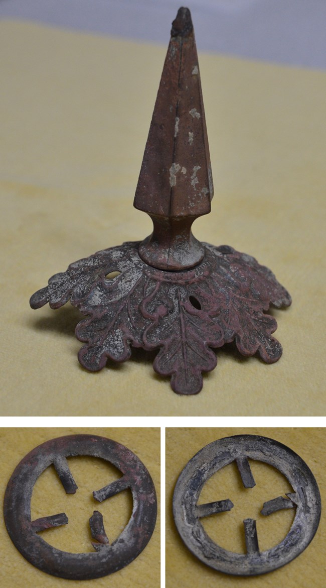 Composite image of 3 photos. Top: Metal spike standing on metal base with oak leaf decorations. Bottom: front and back of metal circle with 4 inward facing spokes.