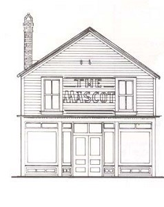 Line drawing of historic building with "The Mascot" sign on second story.