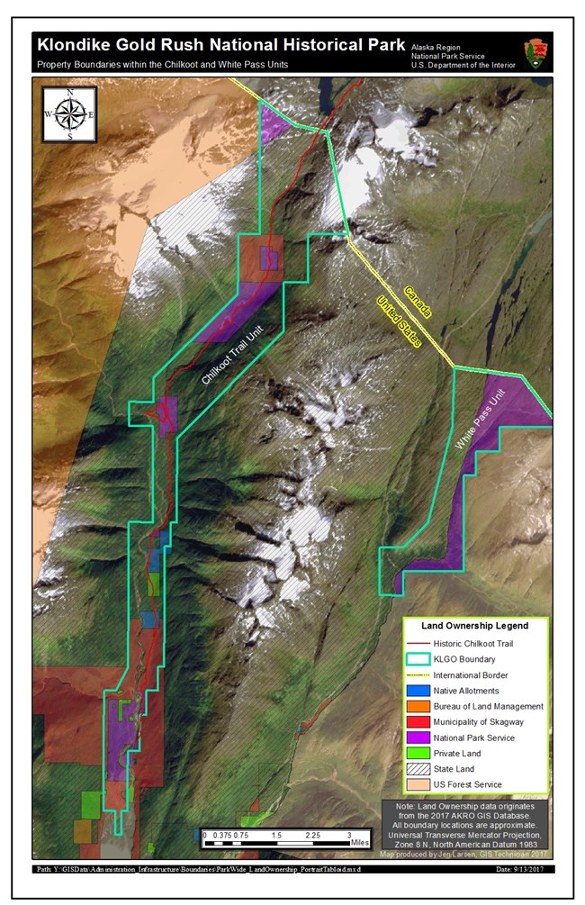 Satellite map from Skagway and Dyea to the US Canada border showing land owner ship in multiple colors along the Chilkoot Trail and White Pass units.  Legend in the lower right.