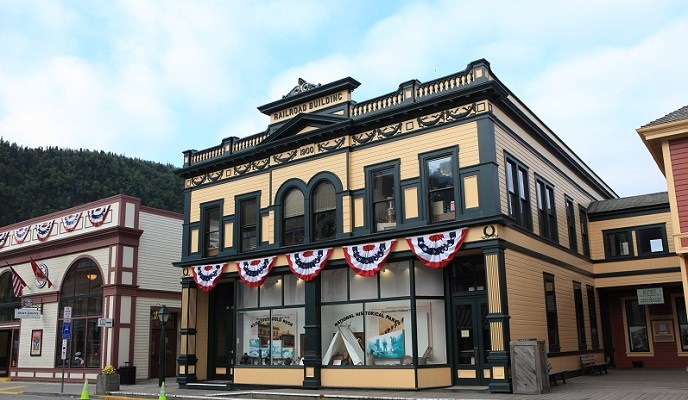 Historic building with patriotic bunting.