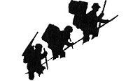 Drawing of silhouettes of three people hiking a steep incline