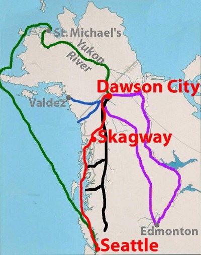 Map of routes to the Klondike Map of routes to the Klondike