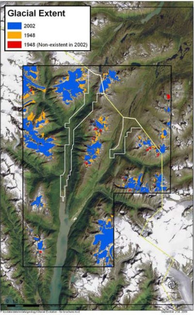 Satellite photo of river valley and mountains.  Key in corner reads "Glacial Extent"