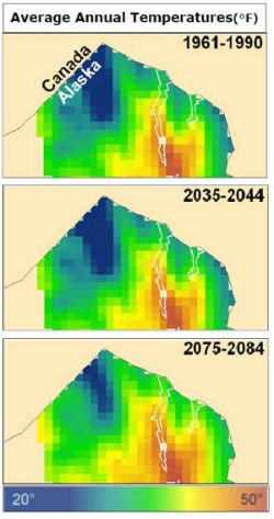 Three images of colors showing hotter (red) and colder (blue) temperatures.  Top says 1961-1990; middle says 2035-2044; and bottom says 2075-2084.  Top label says "Average Annual Temperatures (F)"