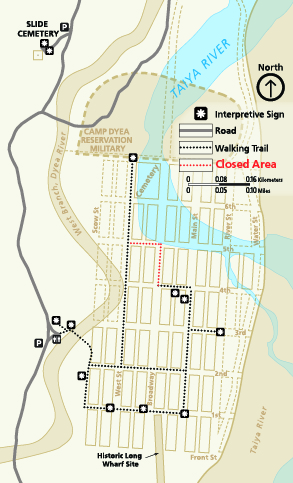 closure a map of trails along a river. the northeast corner of trail is shown in red with a "closed area" label