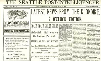 Historic newspaper with main headline "Latest News from the Klondike"