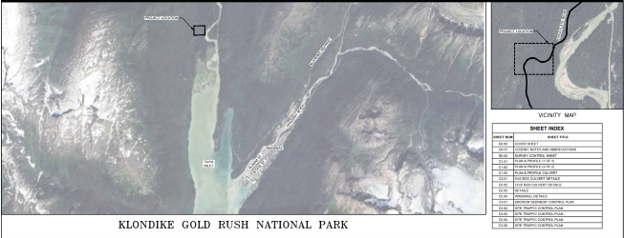 Two maps of the project location. To the left, a larger image incorporates satellite imagery of the Skagway and Dyea areas, Taiya River, and Taiya Inlet. A black box outlines the project location. A smaller map to the upper right depicts the project vicin