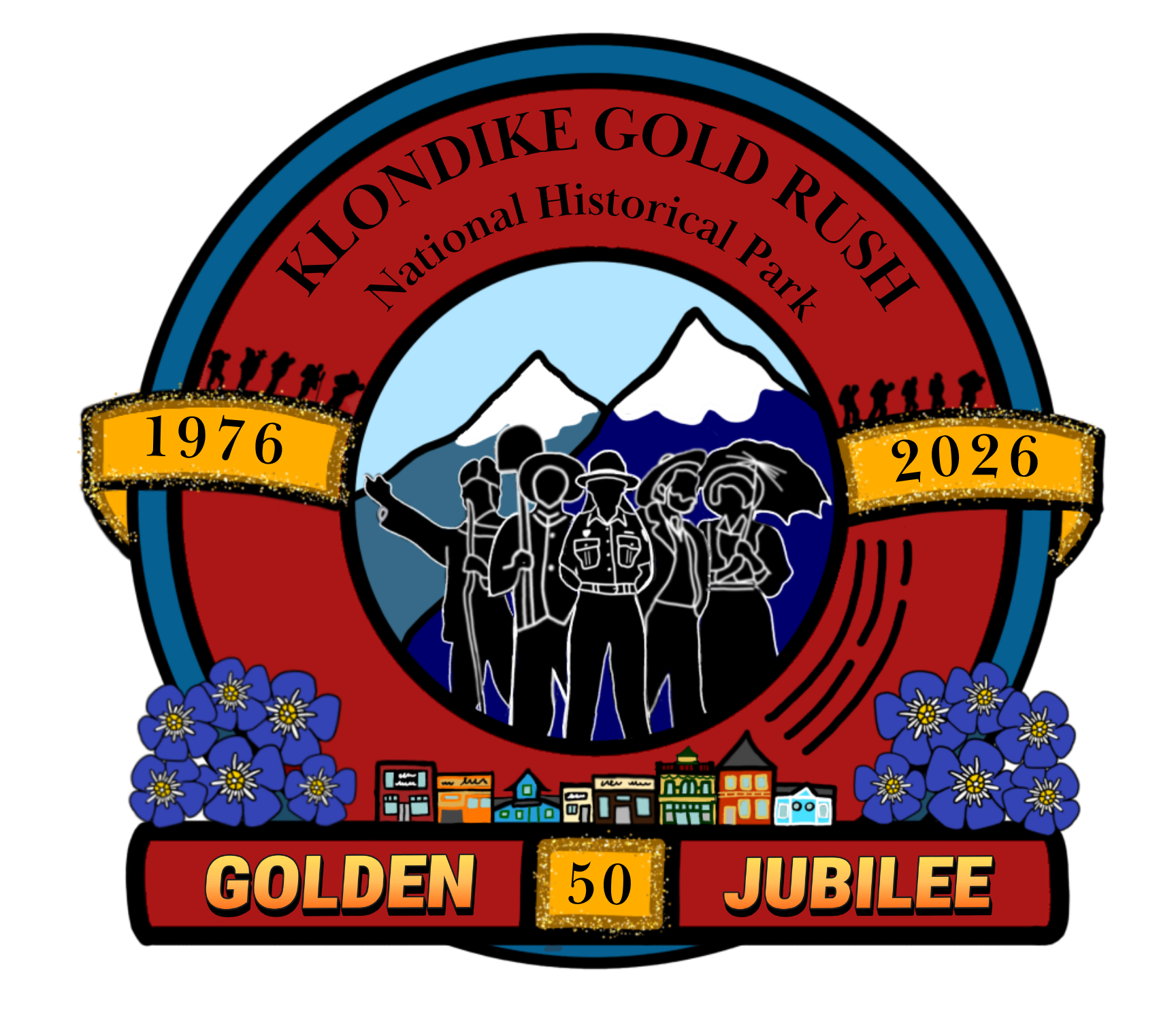 Logo for Klondike Gold Rush National Historical Park's Golden Jubilee, featuring a series of historical figures, representations of park buildings, silhouettes of stampeders, and forget-me-nots, contained within a gold pan. "Golden Jubilee, 1976-2026""