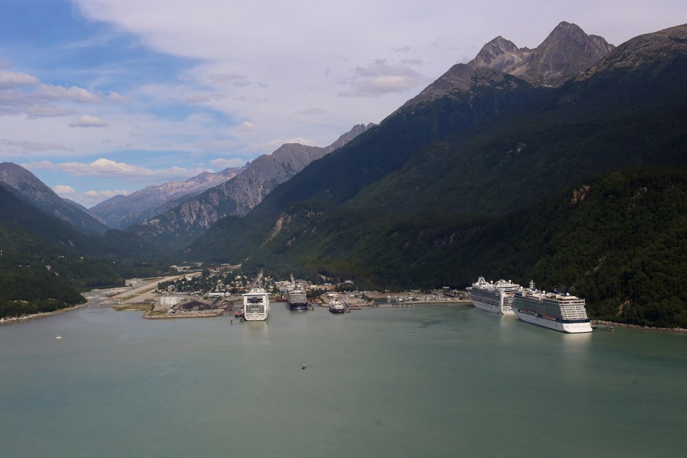 Aerial view of port town at foot of valley with several cruise ships