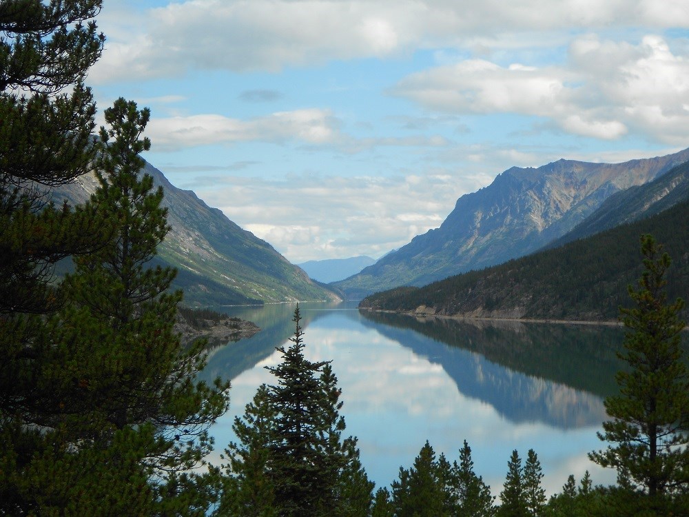 Lake and mountains with trees in foreground