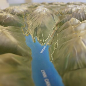 Close up of 3D map with labels "Skagway" and "Lynn Canal"